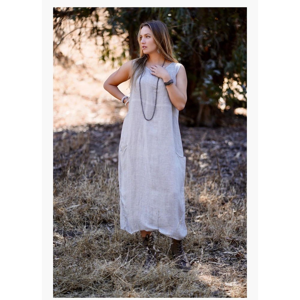 Dolma Anita Dress Grey Linen Sleeveless Pockets Lagenlook Womens Size M/L Boho